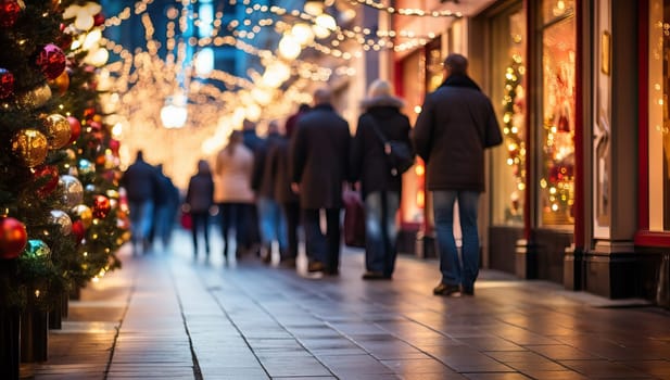 Blurred people walking on the street at Christmas time.