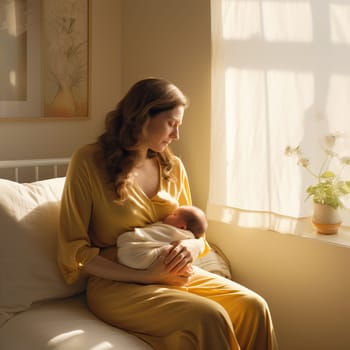 Young mother holding her newborn baby in her arms while sitting on the bed at home