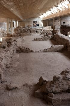 Santorini, Greece - July 01, 2021: Akrotiri, excavation site of a Minoan Bronze Age settlement on the Greek island of Santorini