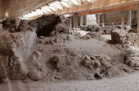 Santorini, Greece - July 01, 2021: Akrotiri, excavation site of a Minoan Bronze Age settlement on the Greek island of Santorini