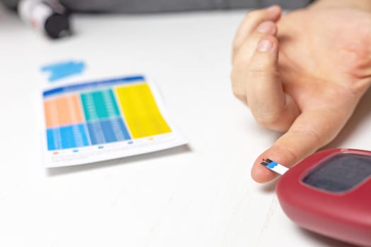 Home health prevention. Male hand with a drop of blood on his finger uses a glucometer strip. Horizontally.