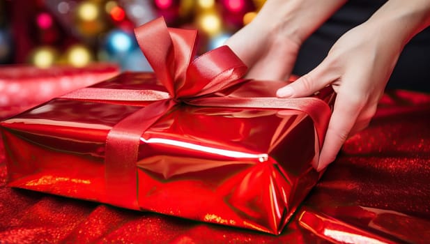 Female hands holding a red gift box on the background of Christmas decorations