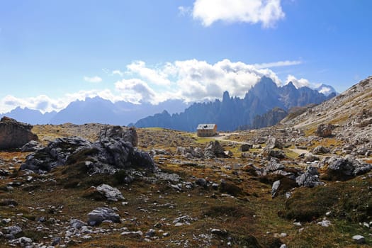Mountain hut and refuge for hikers at the Three Peaks in the Dolomites