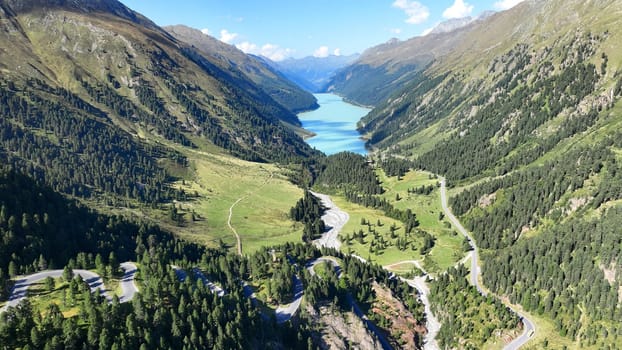 Drone photo of Kaunertal glacier road with the view of Gepatschspeicher lake in Austria