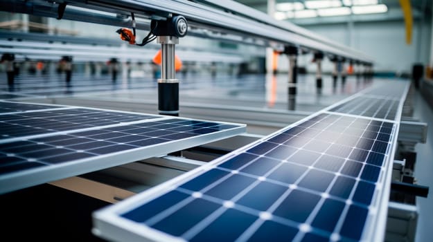 Solar panel cells are being moved and tested on conveyor. Solar panel production process on advanced factory. AI generated