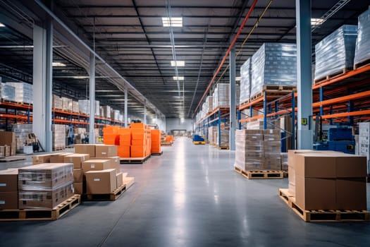 Bright warehouse with packages on shelves and pallets. Warehouse industrial and logistics company. Commercial warehouse. Huge distribution warehouse with high shelves. AI generated