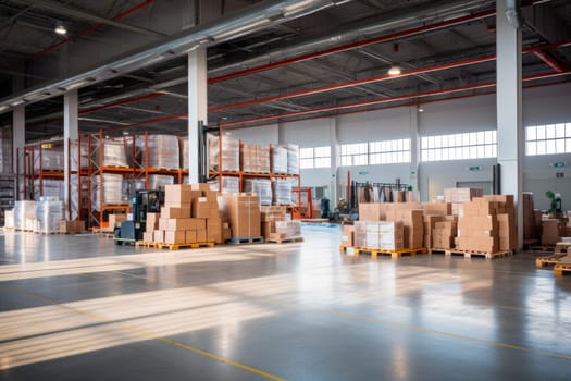 Bright warehouse with packages on shelves and pallets. Warehouse industrial and logistics company. Commercial warehouse. Huge distribution warehouse with high shelves. AI generated