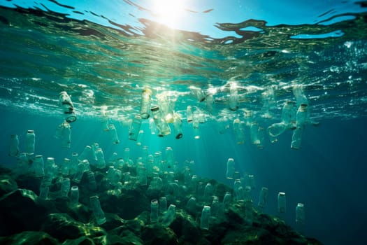 Plastic pollution in Ocean. Underwater with garbage floating on a sea - environmental problem. Plastic bottles and bags pollution in ocean. AI generated