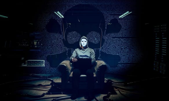 portrait of hacker with white mask and background with code and skull