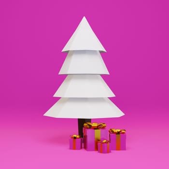 Pink Christmas gift boxes with a golden ribbon and bow on a pink background, 3d rendering