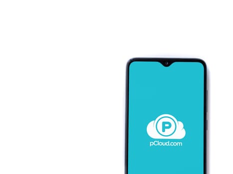 Lod, Israel - July 16,2023: pCloud app launch screen on smartphone on white background. Top view flat lay with copy space.