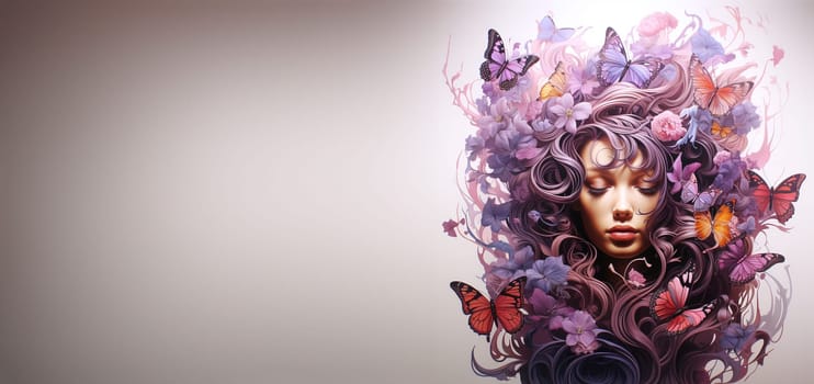 Human brain with flowers and butterflies, self esteem and mental health concept, positive thinking, woman with creative mind