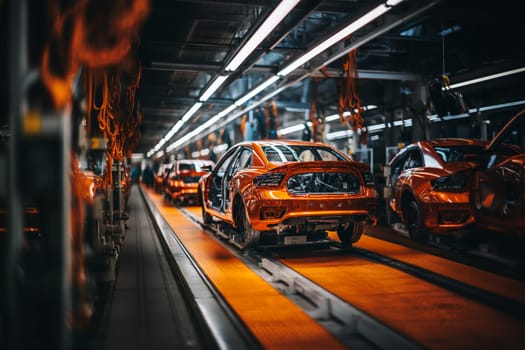 Car production factory, robotic assembly line with vehicle body, automated build process