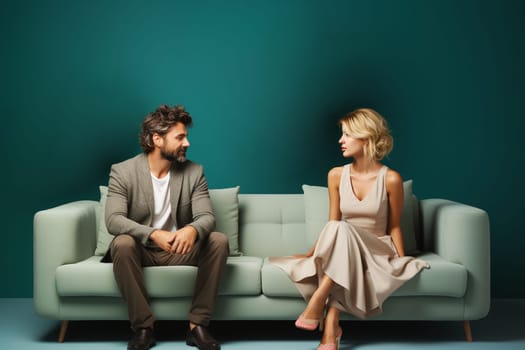 Married couple sitting on the sofa, keeping distance, argue about a conflict, partner problem