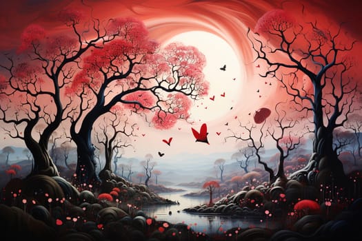 Autum landscape with colorful foliage on the trees, river with floating water, sunrise, hearts in the sky, surreal nature, dreamlike scenery