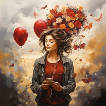 Woman with flowers and balloons, smartphone in her hand, valentine day or birthday, love and emotion, positive feeling and attitude