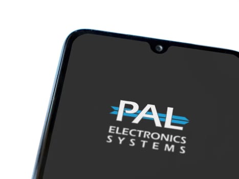 Lod, Israel - July 16,2023: PalGate app launch screen on smartphone on white background. Top view flat lay with copy space.