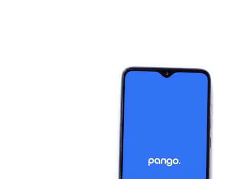 Lod, Israel - July 16,2023: Pango app launch screen on smartphone on white background. Top view flat lay with copy space.
