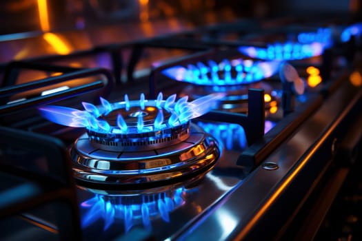 Close-up of a blue fire on a gas stove with a burning propane flame. Industrial resources and economics concept.Generative AI