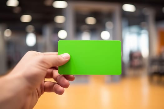 hand holding credit card mockup on blurred cafe background.concept of lending and banking services.Generative AI