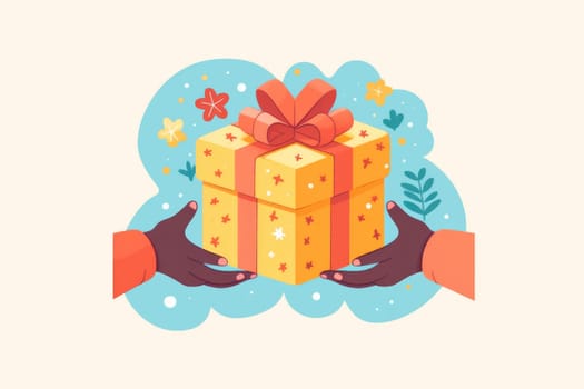 New Year's gift in hands. image of a surprise box in flat style. Ideal for cards, posters, tabloids, social media and web design.Generative AI