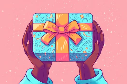 New Year's gift in hands. image of a surprise box in flat style. Ideal for cards, posters, tabloids, social media and web design.Generative AI