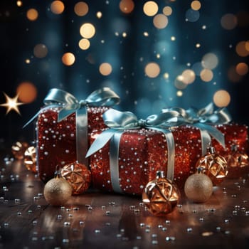 holiday gifts with christmas tree decorations on Christmas beautiful background. Generative AI