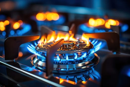 Close-up of a blue fire on a gas stove with a burning propane flame. Industrial resources and economics concept.Generative AI