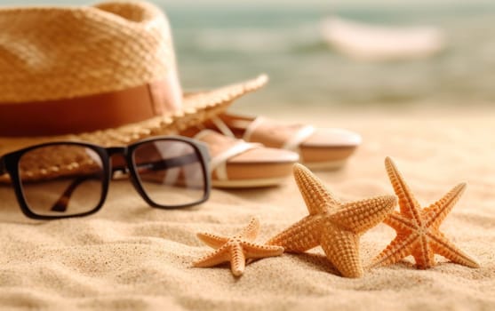 Tropical beach with straw hat and starfish in the sand, space for copy text. Summer holiday concept. Generative AI