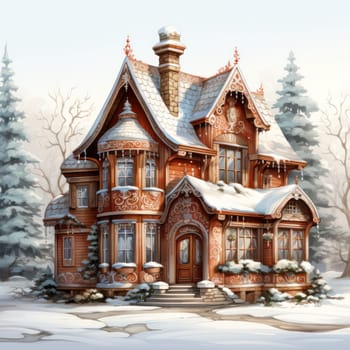 Beautiful Christmas house in the snow.watercolor painting for Christmas.Generative AI