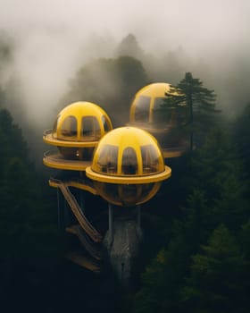 fantastic landscape with yellow eco-systems of houses of unusual shapes. settling hard-to-reach places.Generative AI
