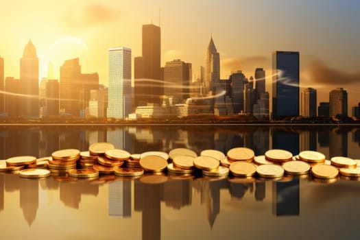 abstract business background with coins on the background of buildings. business and finance. success and profit.Generative AI