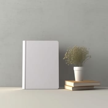 White paper mockup with a flower in a pot on the table. copy space.Generative AI