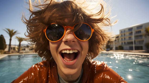 emotional portrait of a cheerful young man in glasses in the pool on a sunny day. vacation and travel concept. Generative AI