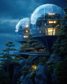 A spectacular eco-futuristic concept of a cityscape full of greenery, parks and other artificial green spaces in eco-houses in the shape of a ball.Generative AI