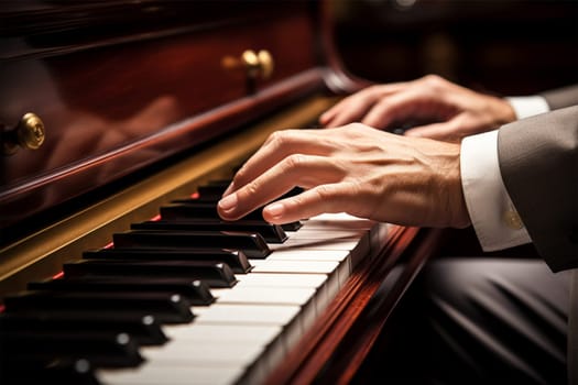 hands of a pianist in a suit playing the piano, close-up. music theme concept.Generative AI
