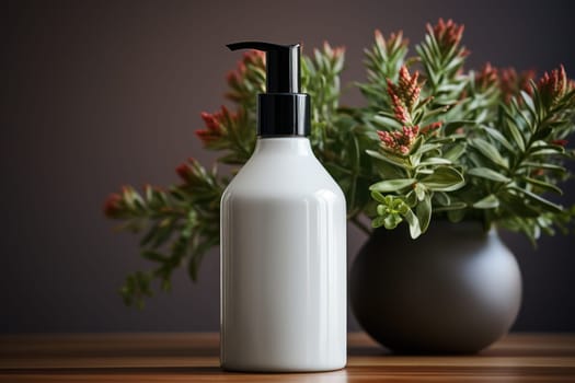 mockup of a white container for cosmetic products on a wooden table with copy space. eco friendly products for your design and label. Natural, clean cosmetics concept