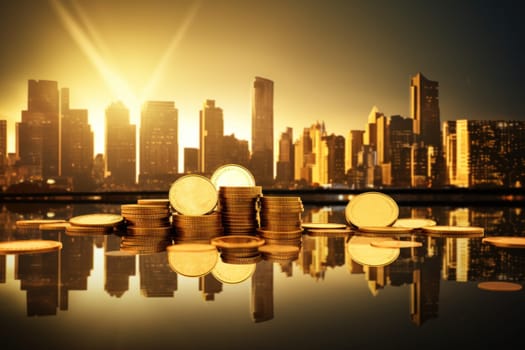 abstract business background with coins on the background of buildings. business and finance. success and profit.Generative AI