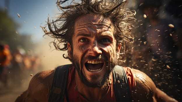 a man runs in horror in front of the crowd. Fright and fear, emotion concept. Generative AI