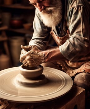 hands of a potter forming clay on a potter's wheel in action, creative process, making pottery, Heritage Craft. Generative AI