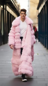 Street style clothing - fashionable man in a pink elegant fur coat fashion on the street. for Fashion Concept, Animal Welfare and Faux Fur, Content Blogger,Generative AI
