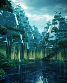 A spectacular eco-futuristic concept of a cityscape full of greenery, parks and other artificial green spaces in pyramid-shaped eco-houses.Generative AI