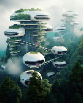 Spectacular eco-futuristic concept of mountain rock houses in a spherical shape in white. settlement of hard-to-reach places in previously unknown corners of the planet .Generative AI