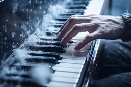 hands of a pianist playing an icy piano in snowfall, close-up. unrealistic plot of a concert in permafrost.Generative AI