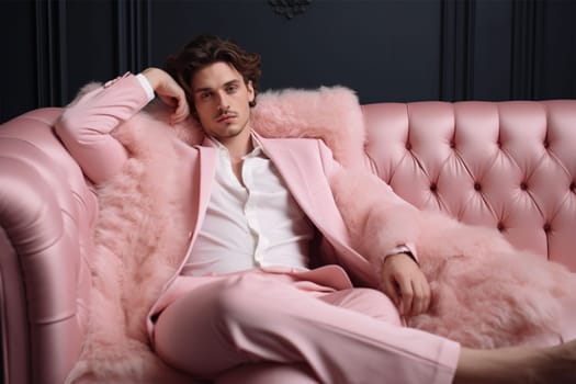 fashionable stylish man in a pink elegant suit on a pink fur chair. fashion concept, blogger content. Generative AI