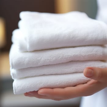 Woman holding clean white towels indoors in hotel room or spa center. Generative AI