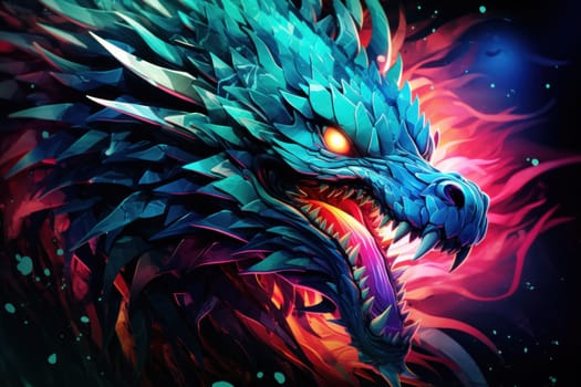 Fantasy neon dragon. Fantasy dragon head with glowing eyes. Mythical creature. symbol of the year.Generative AI