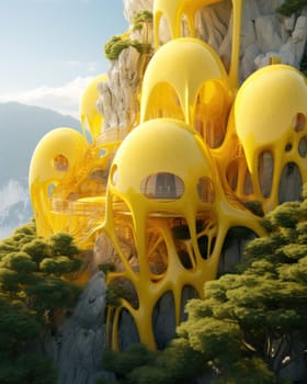 fantastic landscape with yellow eco-systems of houses of unusual shapes. settling hard-to-reach places.Generative AI