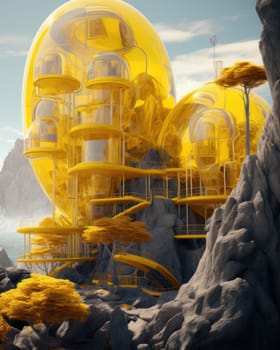 fantastic landscape with yellow eco-systems of houses of unusual shapes. settling hard-to-reach places.Generative AI