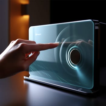 hand programs holographic control panel. concept of a smart home or security system.Generative AI